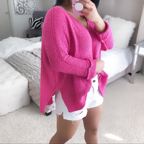 Hot Pink open knit casual top - Picture 3 of 8
